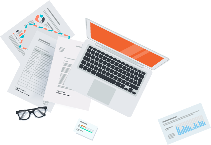 Graphic of a laptop with scattered papers surrounding